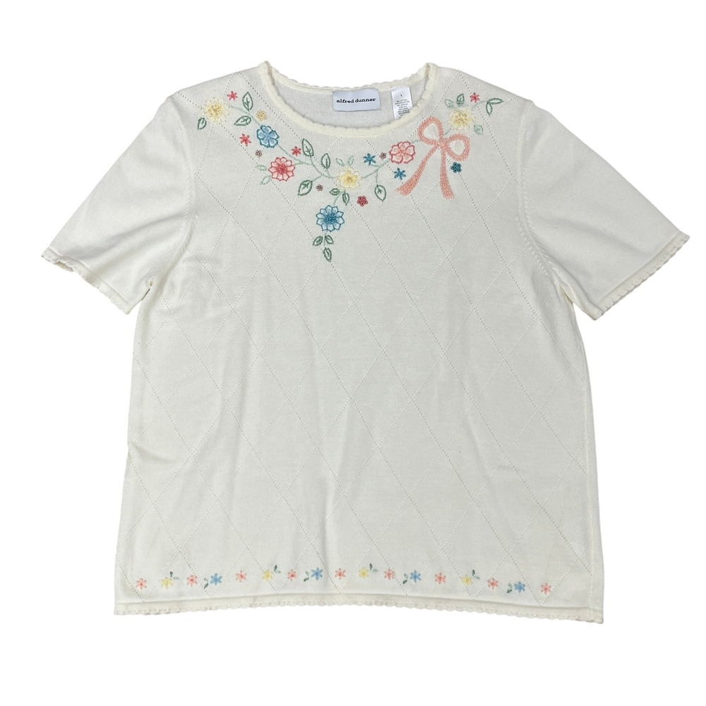 Alfred Dunner L Short Sleeve‎ Sweater Summer Floral Cottage Coastal Grandma